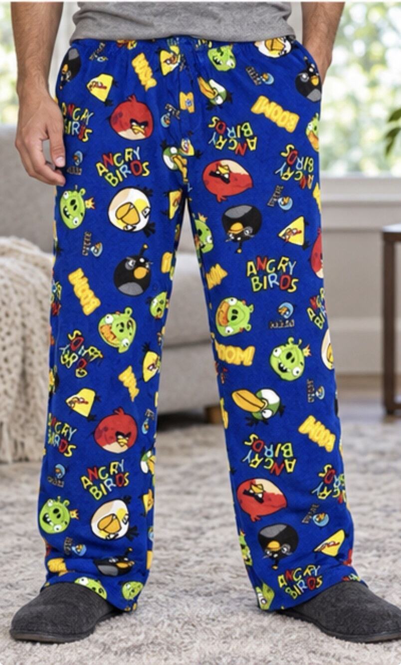 Angry Birds Pajama Pants Mens XL 40-42 Blue Fleece Character Print Lounge